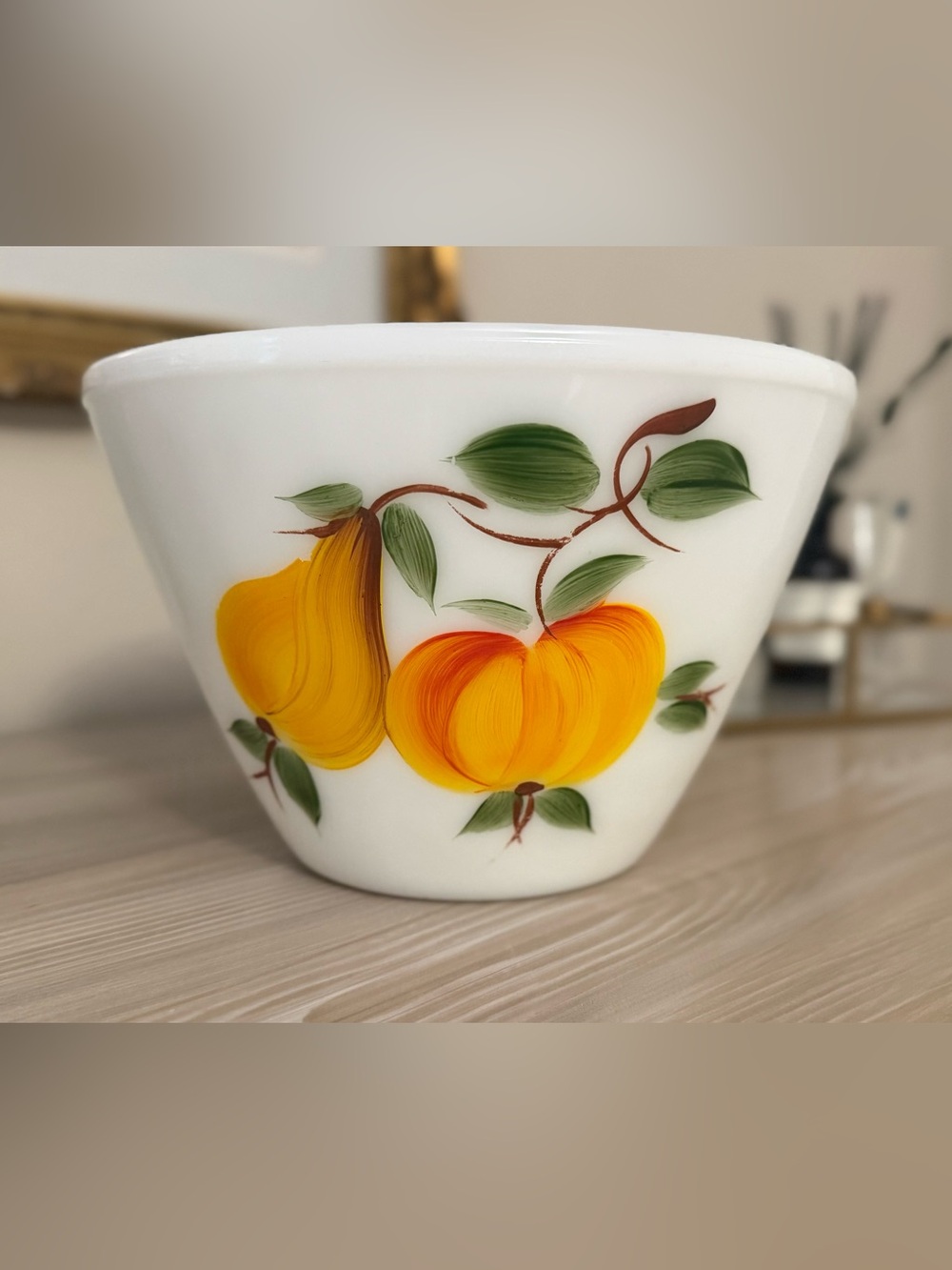 Vintage Fire King Milk Glass with Yellow & Orange Peaches & Grapes 10 inch piece